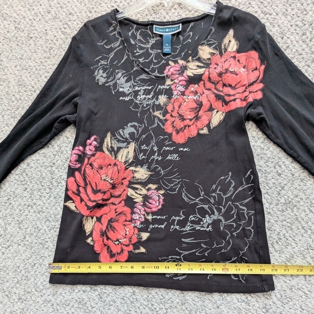 Karen Scott (Medium) Long Sleeve Tee/Top w/Floral Designs, Scripts & Sparkles - Picture 11 of 11